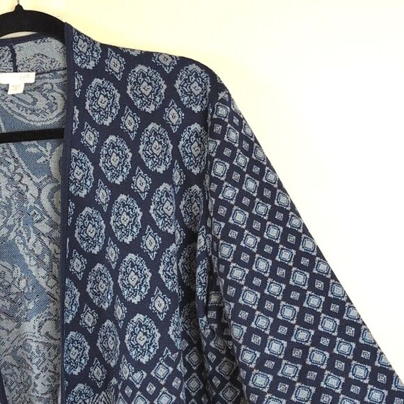 J. Jill Blue Mixed Print Knit Open Cardigan Size Medium Tall - Picture 3 of 12